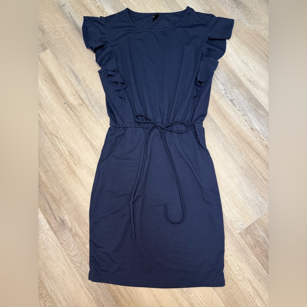 Elegant Navy Blue Ruffle Sleeve Dress with Waist Tie